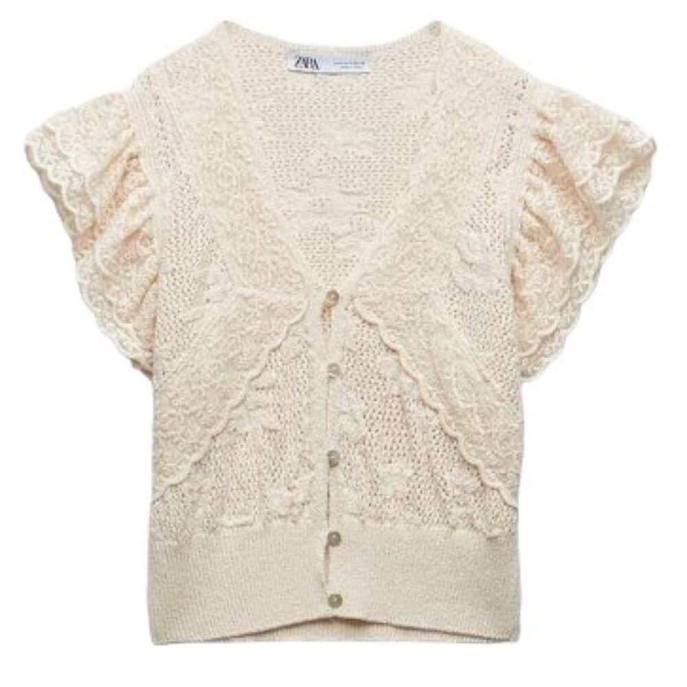 Zara Lace Trim Pointelle Crochet Knit Top
